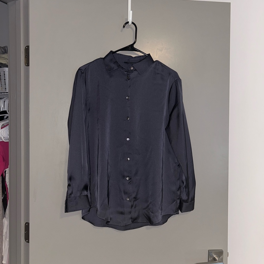 T Tahari Satin Button Down Blouse Dark Grey